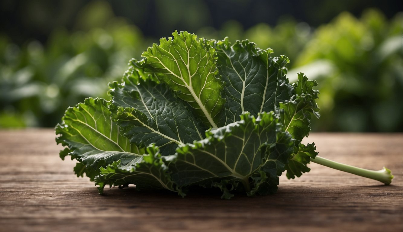 A single kale leaf, approximately 12 inches in length and 6 inches in width, with ruffled edges and a deep green color