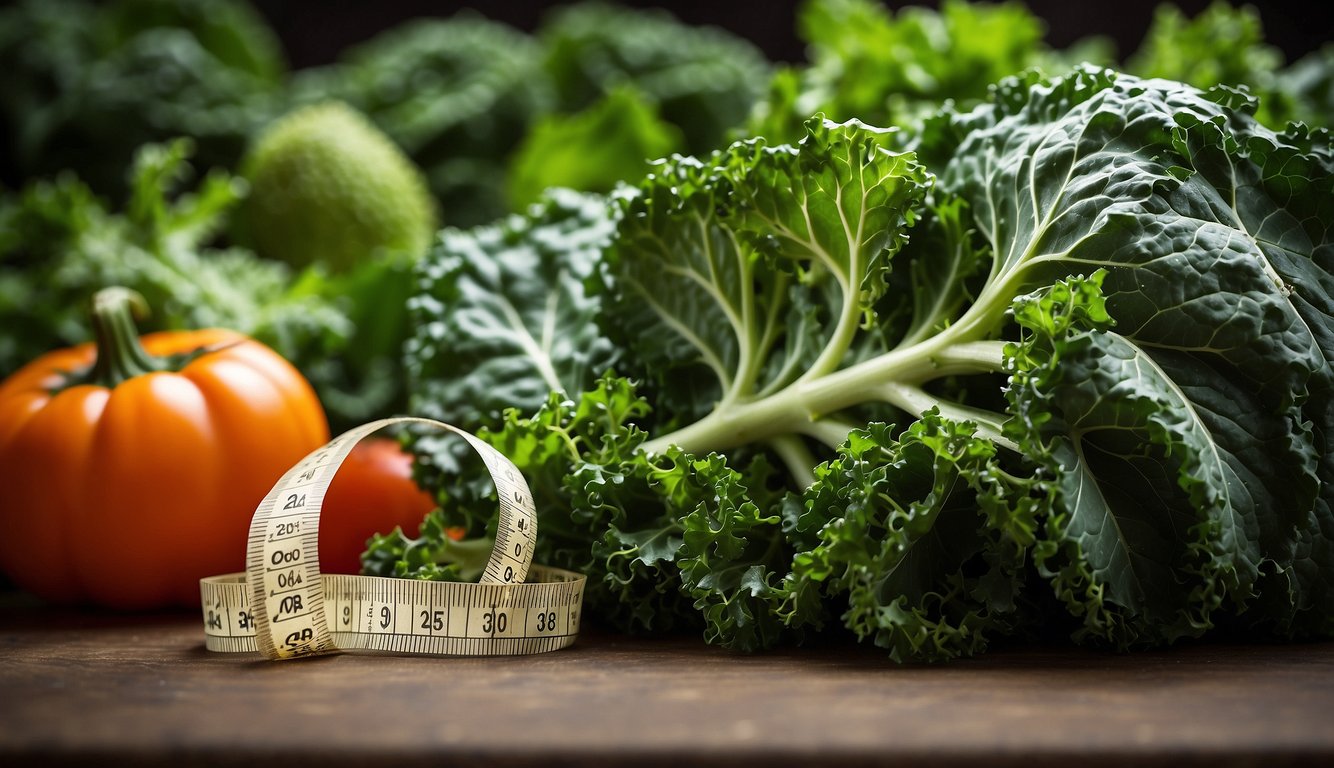 A large kale leaf is held up against a measuring tape, showing its size in inches. The leaf is vibrant green with curly edges, and it is surrounded by other fresh vegetables and herbs
