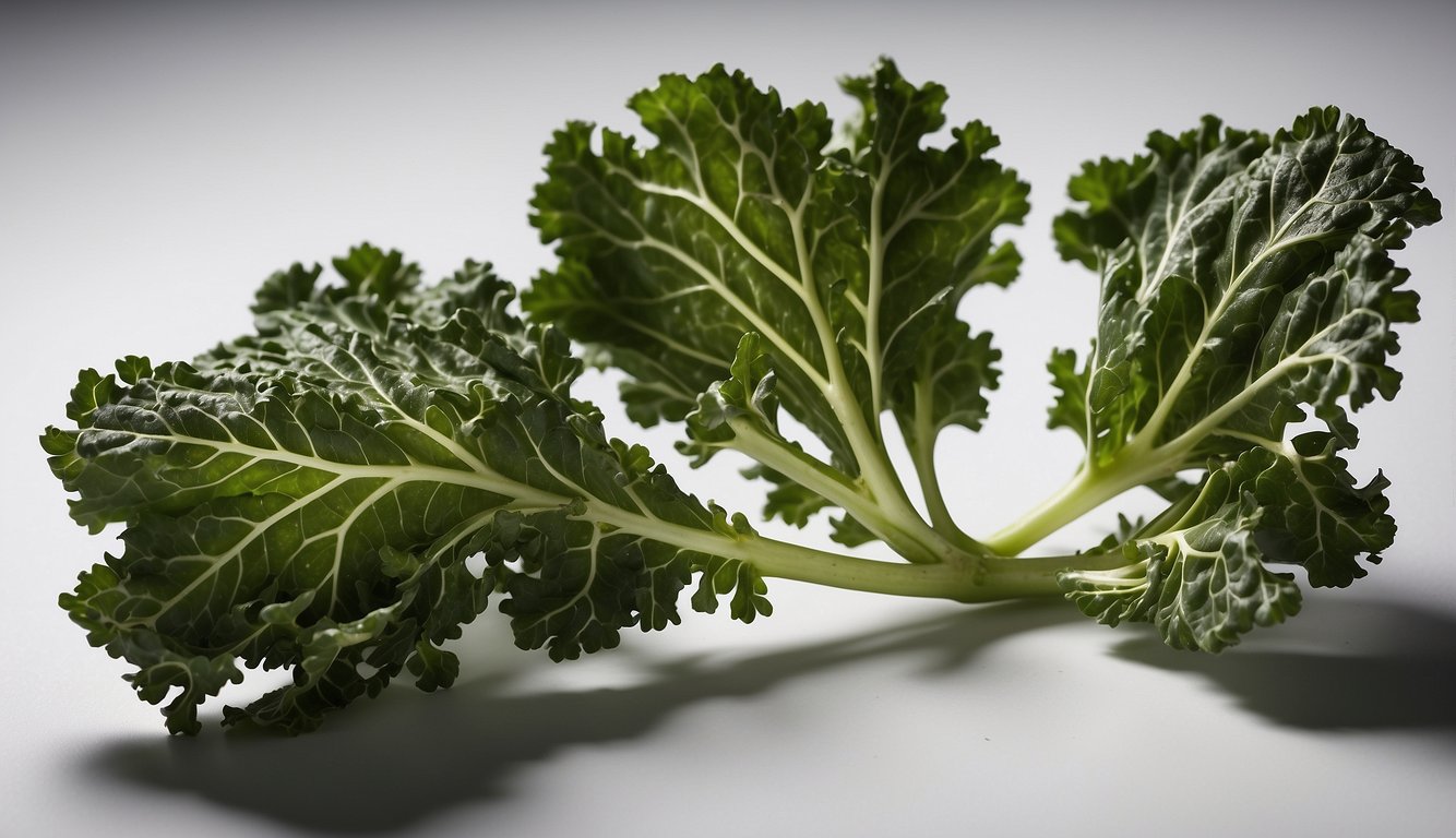 A single kale leaf, approximately 12 inches in length and 6 inches in width, lies flat on a clean, white surface