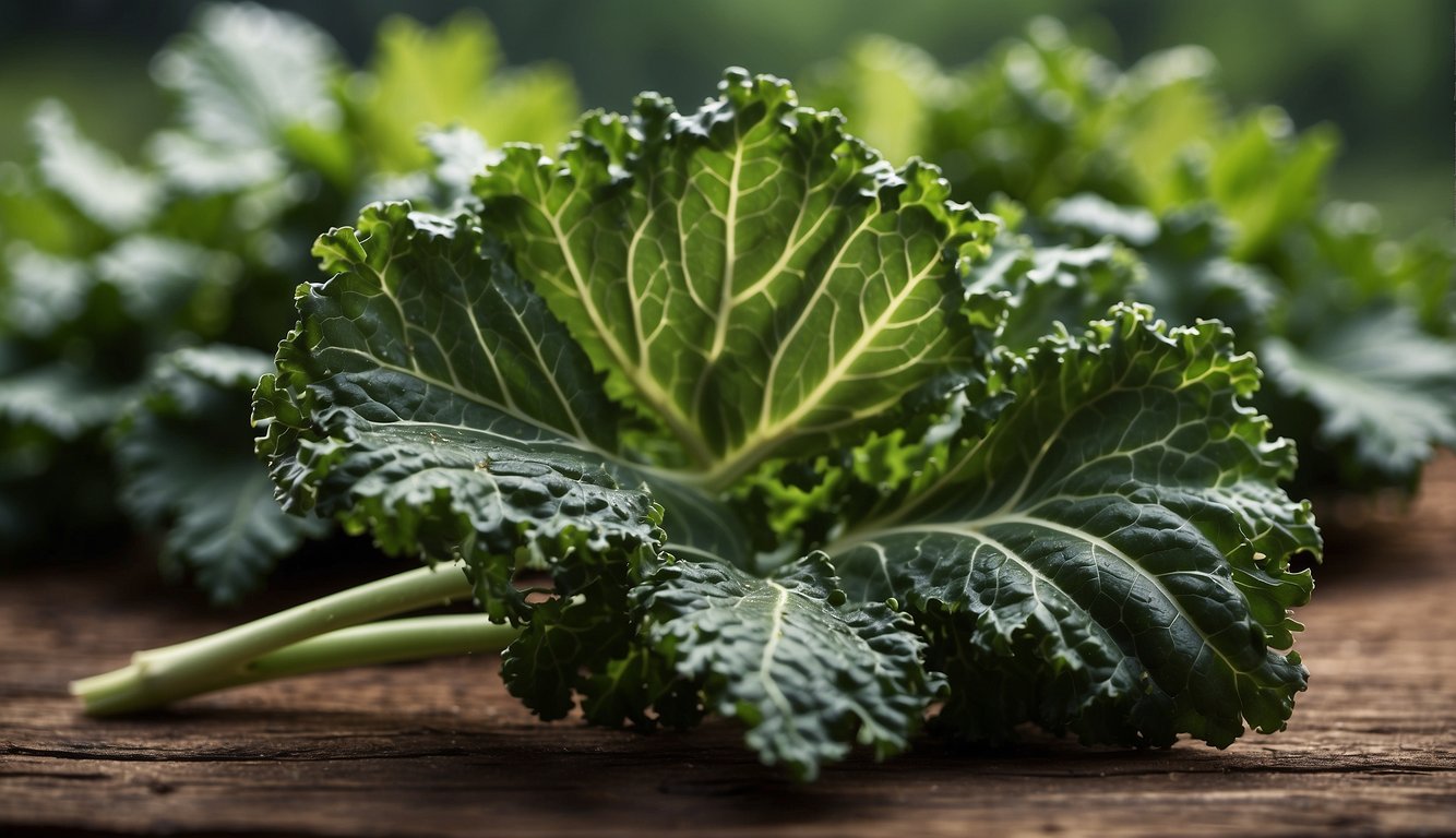A single kale leaf, approximately 12 inches long and 6 inches wide, grows from a sturdy stem, surrounded by smaller leaves
