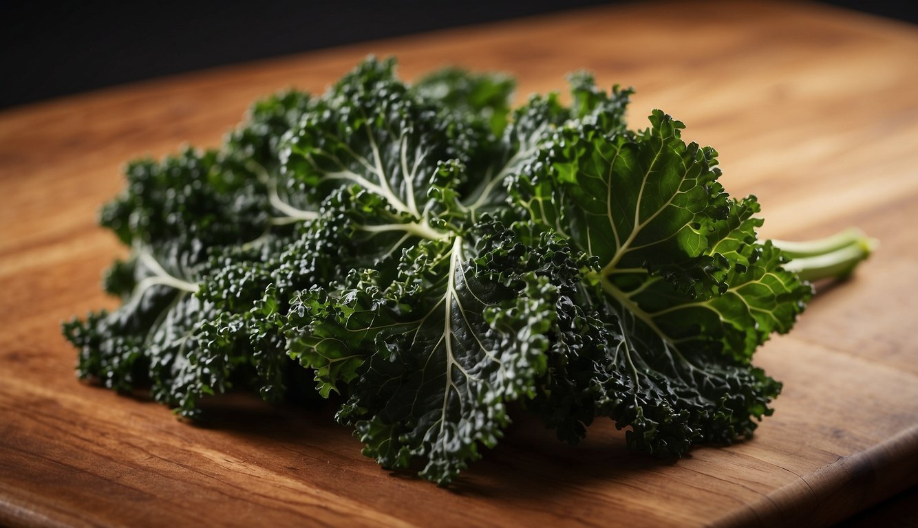 A kale leaf, about 12 inches long, lies on a wooden cutting board with a knife beside it. A hand reaches for the leaf