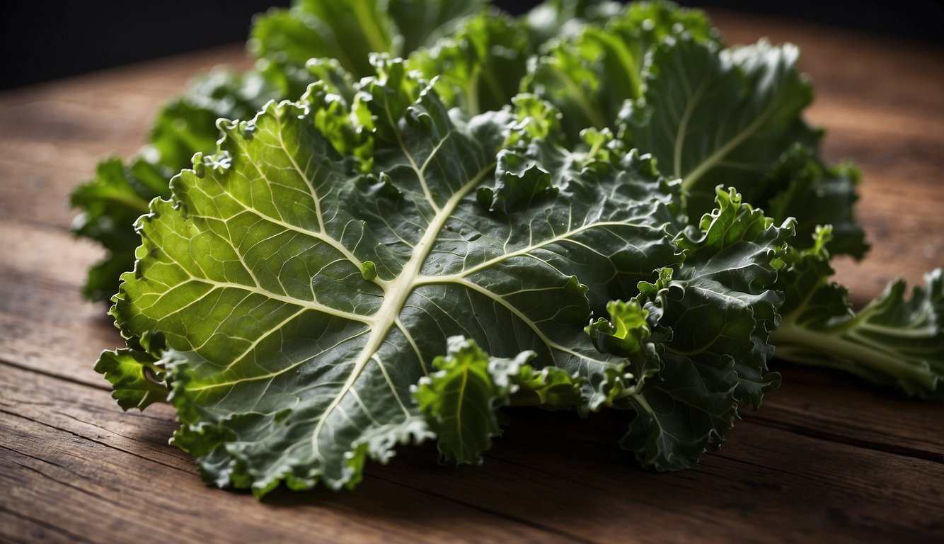 A single kale leaf, approximately 12 inches in length, with a textured surface and ruffled edges