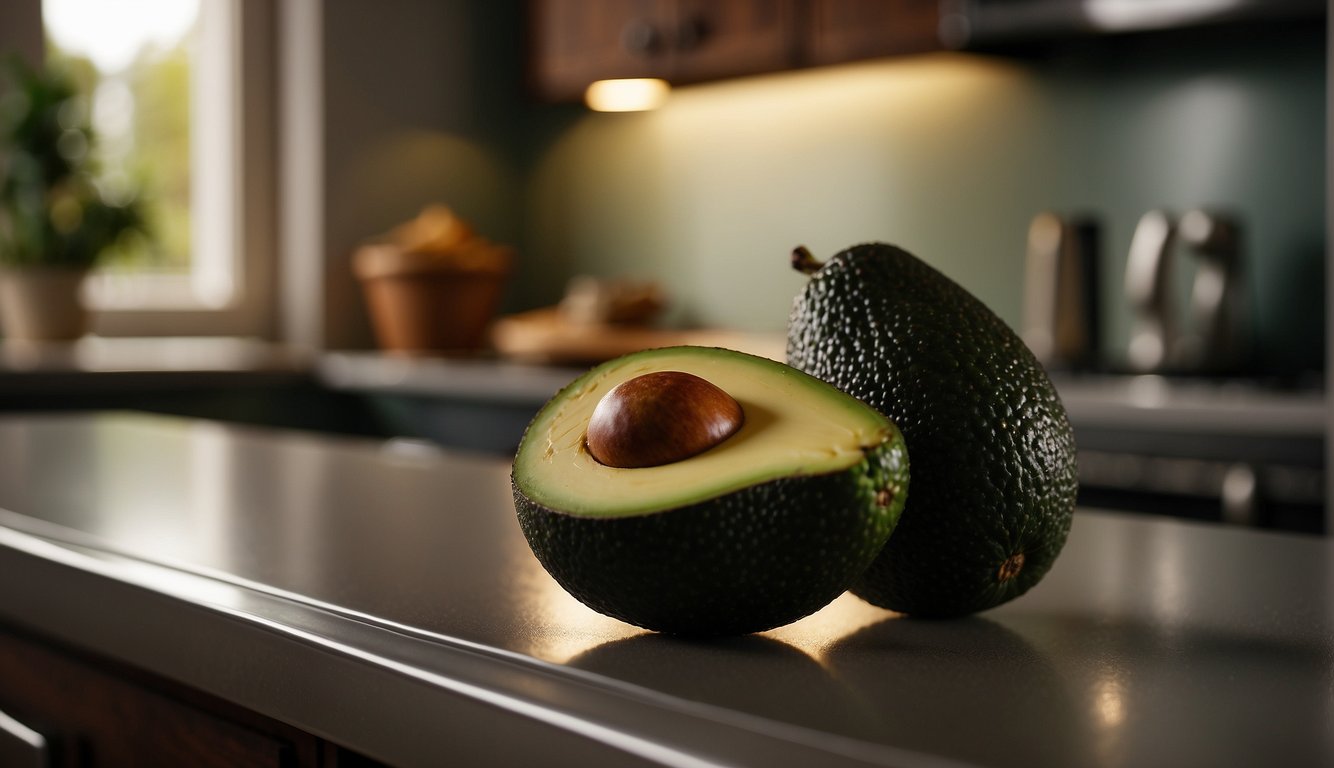 An avocado sits on a kitchen counter, gradually changing from green to a deep, rich brown as it ripens