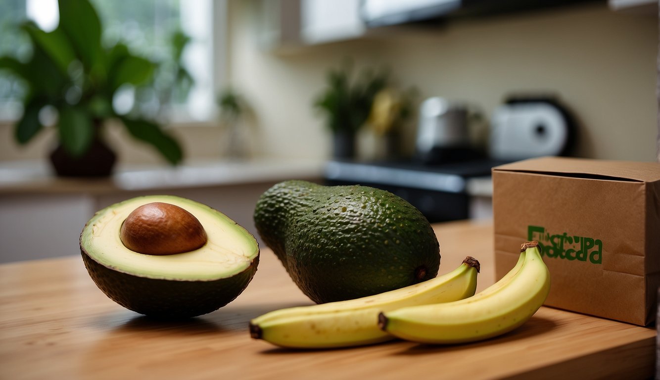 An unripe avocado sits on a kitchen counter next to a banana. A paper bag is open nearby, ready for the avocado to be placed inside for ripening