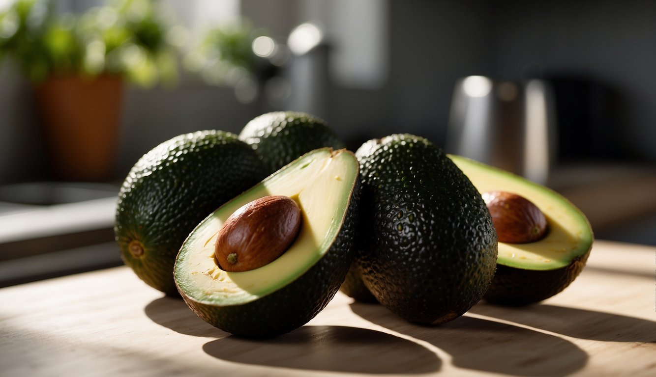Ripe avocados sit on a kitchen counter, surrounded by sunlight. One avocado shows a dark, even color, while another feels slightly soft to the touch
