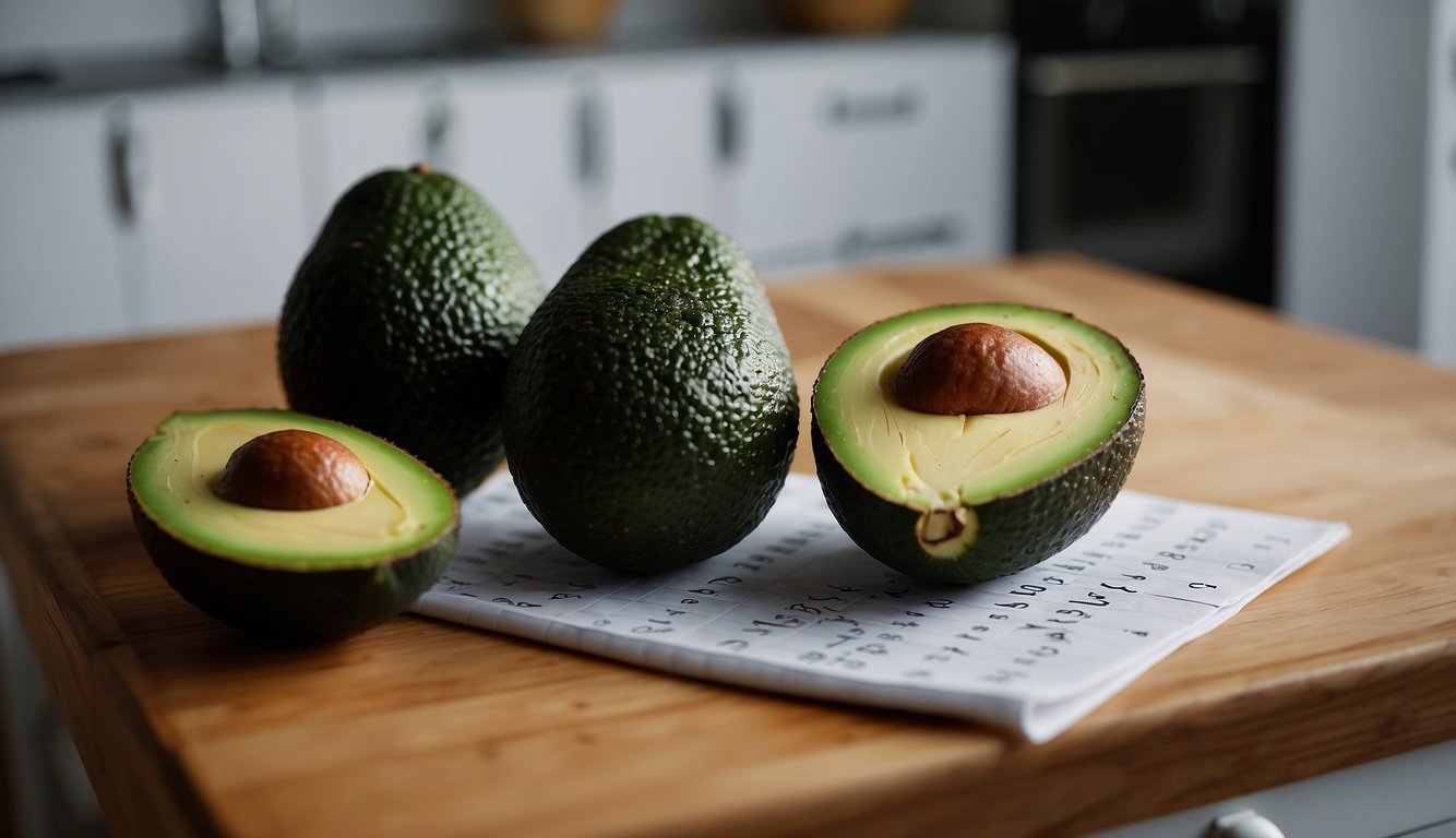 Ripe avocados sit on a kitchen counter, one partially cut open to reveal its creamy green flesh. Nearby, a calendar marks the passing of time