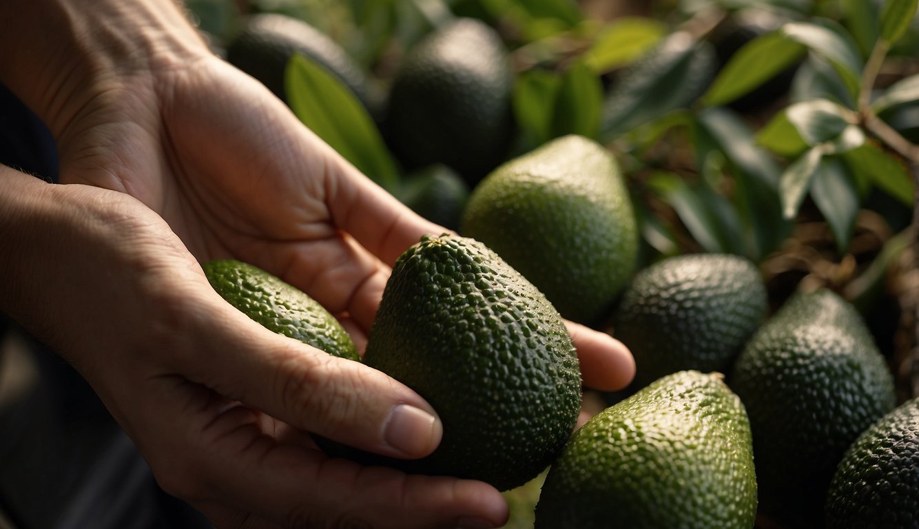 A hand reaches for avocados, checking for ripeness. Nearby, a sign asks, "How long does an avocado take to ripen?"