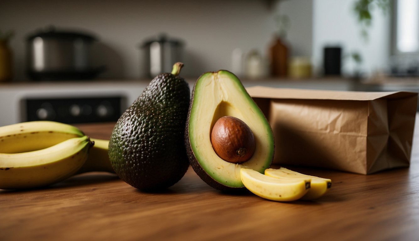 An avocado sits on a kitchen counter, surrounded by a paper bag and a banana, indicating the ripening process