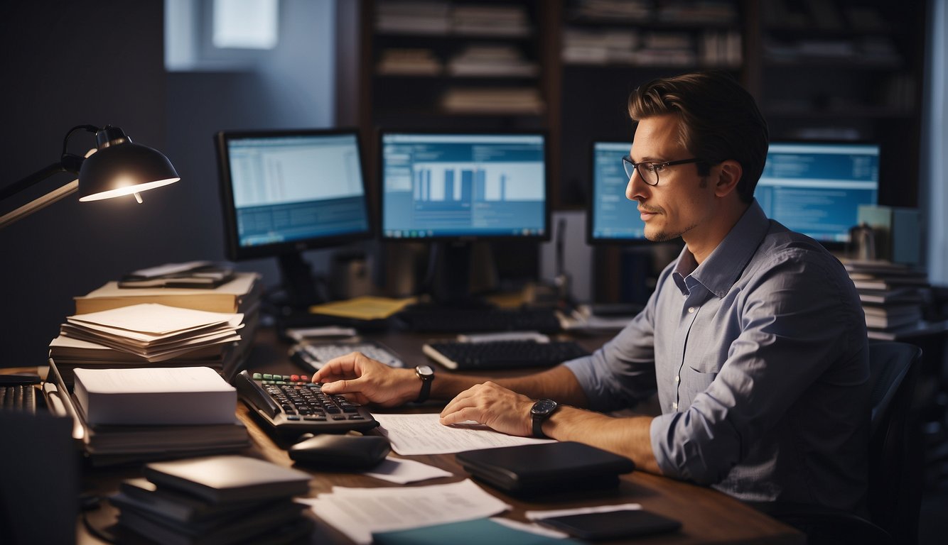 A person working at a desk with a computer, calculator, and financial documents, surrounded by shelves of accounting books and files