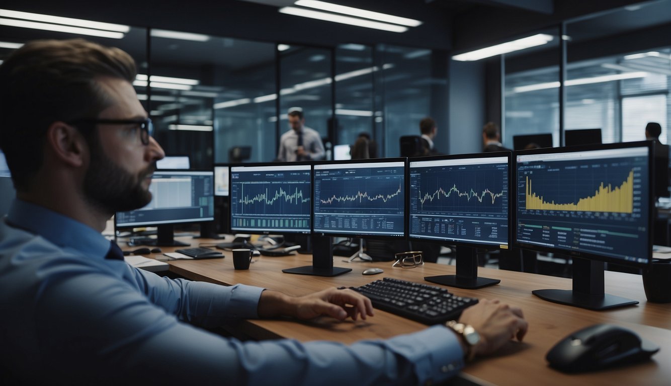 A bustling office with accountants at their desks, analyzing financial data and using specialized software. Charts and graphs adorn the walls, showcasing their expertise in accounting