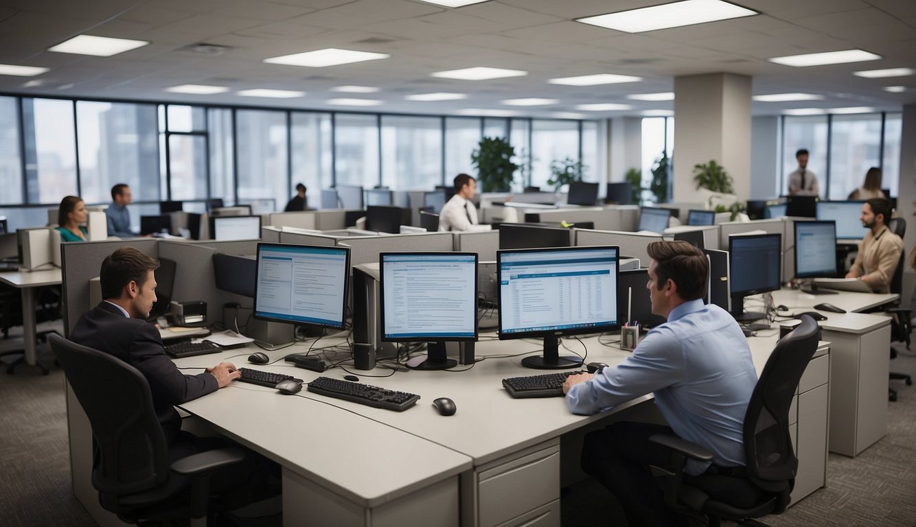 A busy office with people interviewing, networking, and working on computers. Job postings and accounting books on desks. A sign reads