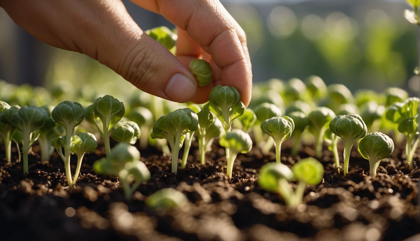 A hand reaches down to gently water and tend to small brussels sprouts seedlings in a sunlit garden bed