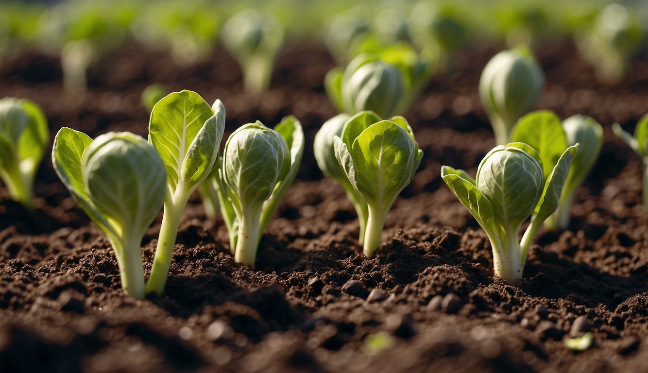 Brussels sprouts seedlings being planted in rich soil, watered gently, and carefully tended to by a gardener