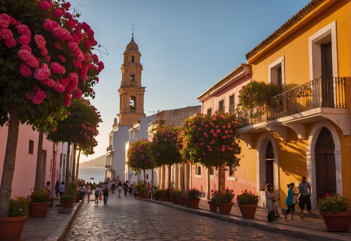 Colorful buildings line the cobblestone streets, with vibrant flowers cascading from balconies. Tourists stroll along the Malecón, admiring the ocean views and local artwork. The sun sets behind the iconic church spire