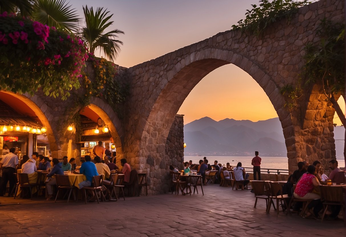 The iconic arches of Puerto Vallarta's Malecón stand against a vibrant sunset, while mariachi music fills the air and the scent of sizzling street tacos wafts through the bustling cobblestone streets