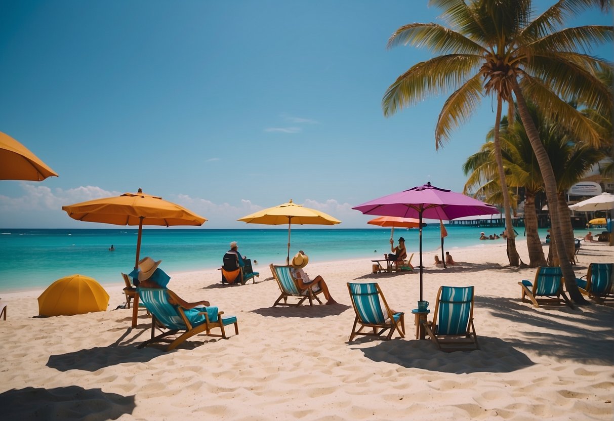 People kayaking, paddleboarding, and snorkeling in crystal-clear waters. Palm trees lining the sandy beach, with colorful umbrellas and beach chairs. A lively atmosphere with beach vendors and music