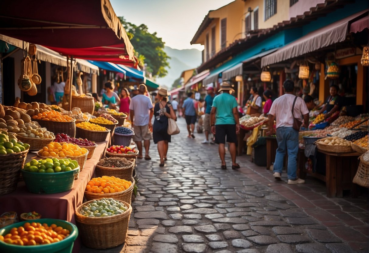 Colorful market stalls line the cobblestone streets, offering a variety of souvenirs and local crafts. Tourists browse through the vibrant displays, surrounded by the charming architecture of downtown Puerto Vallarta