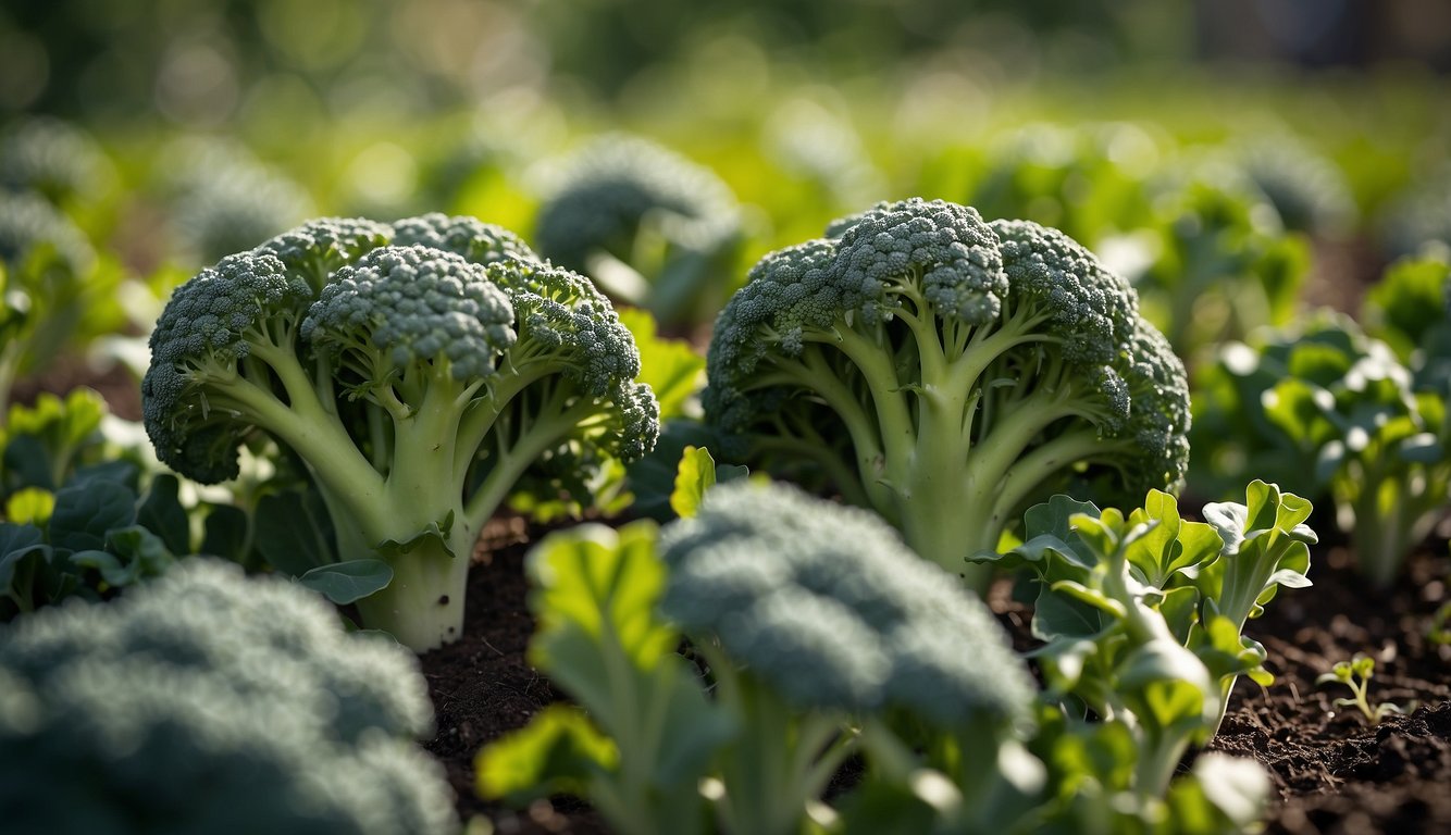Broccoli thrives in the dappled shade of taller plants, while companion plants like herbs and flowers attract beneficial insects. Crop rotation ensures soil health