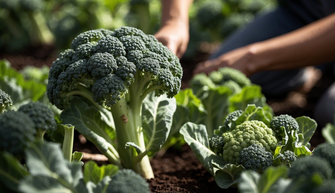 Broccoli thrives in a shaded garden. A gardener tends to the plants, watering and pruning as needed