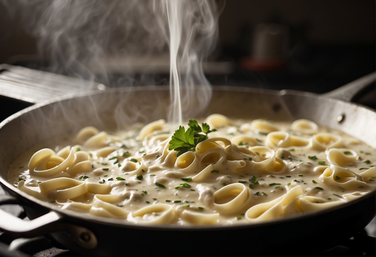 A bubbling pot of creamy alfredo sauce simmers on the stove, surrounded by fresh garlic, parmesan cheese, and heavy cream. Twirls of fettuccine wait to be smothered in the rich, decadent