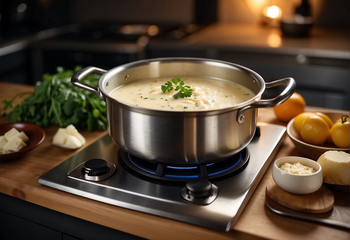 A pot simmers on a stovetop, filled with a creamy Alfredo sauce. A sprinkle of grated Parmesan cheese and a dash of black pepper sit nearby