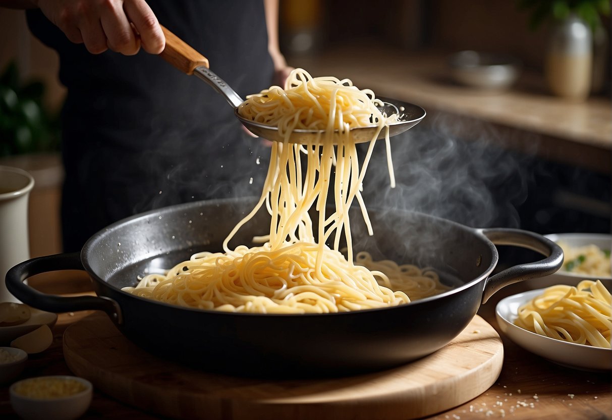 A pot of boiling water with pasta inside, a pan with butter and garlic, and a bowl of grated parmesan cheese being stirred into a creamy sauce