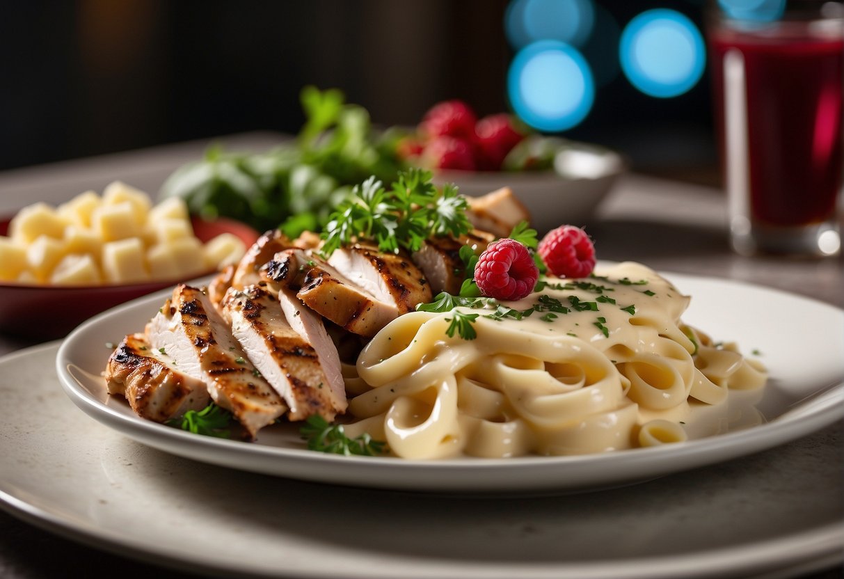 A plate of creamy alfredo pasta topped with grilled chicken and garnished with fresh parsley, served alongside a slice of decadent cheesecake with a drizzle of raspberry sauce
