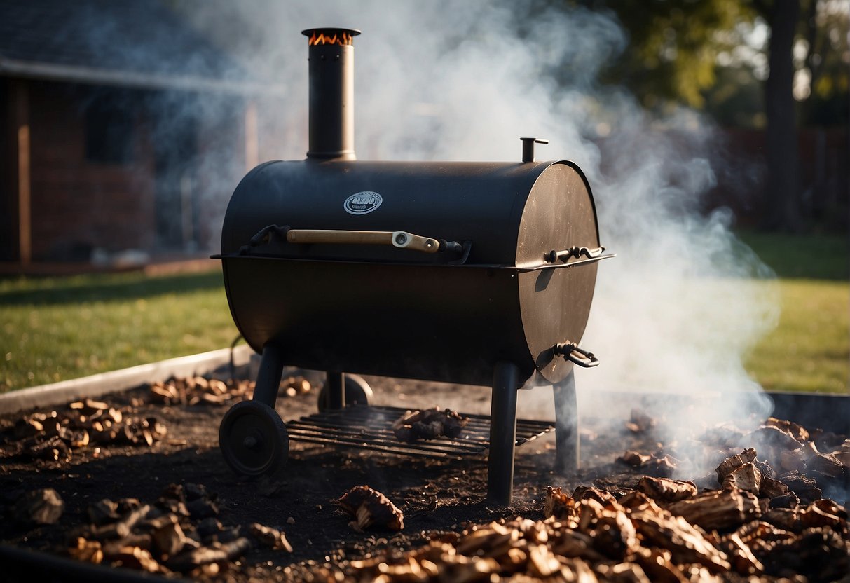 Thick smoke billows from a smoldering pile of hickory wood chips, enveloping a juicy tri tip roast as it cooks to perfection on a sizzling grill