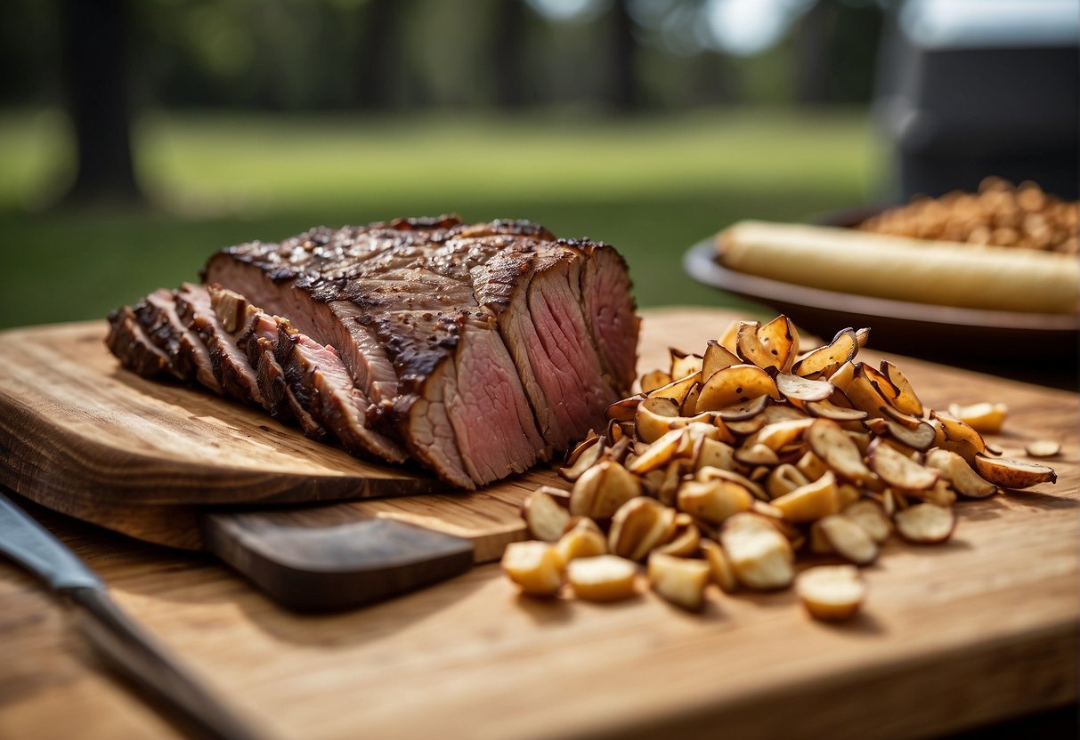 A tri tip sits on a wooden cutting board next to a pile of hickory wood chips, a smoker in the background