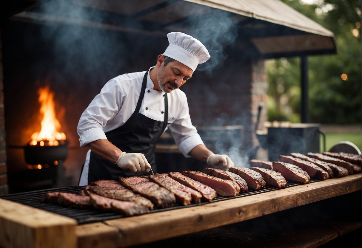A chef expertly tends to a tri-tip over a smoldering bed of the best wood for smoking, creating a mouthwatering aroma and a beautifully charred exterior