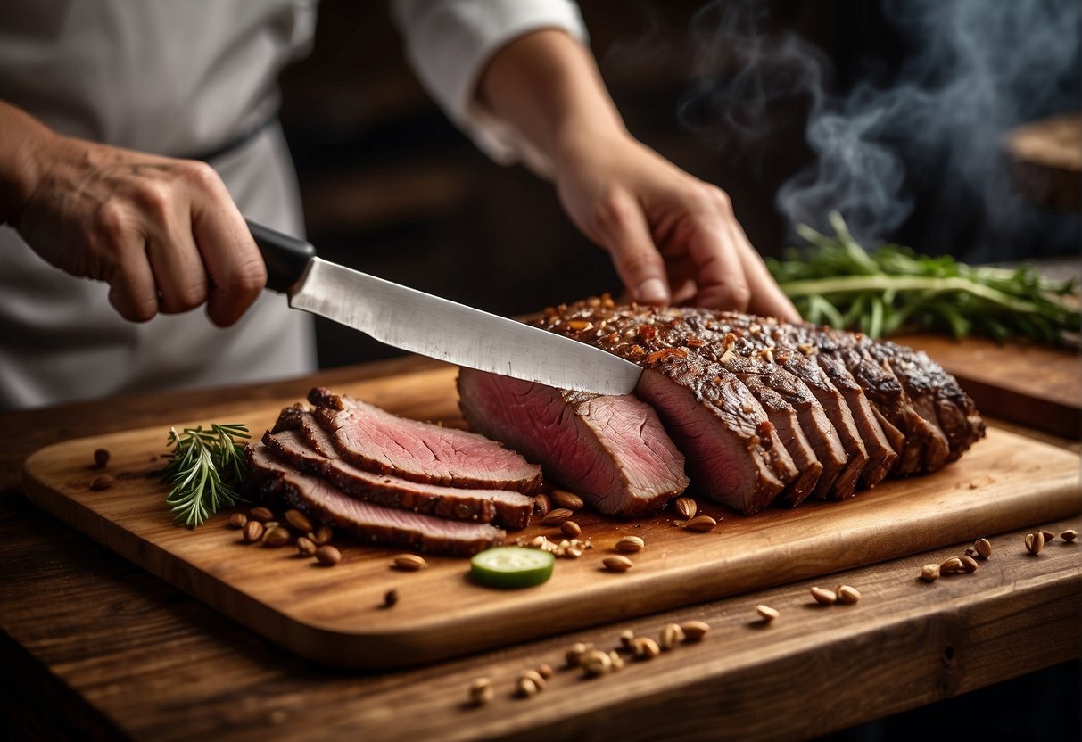 A chef expertly slices tri tip on a wooden cutting board, surrounded by various types of wood chips for smoking