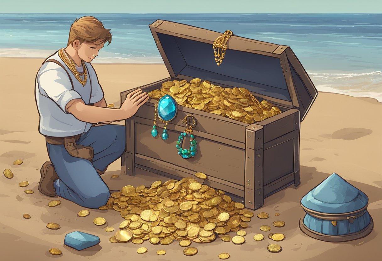 A character unearths a chest from sandy ground, revealing glimmering jewels and gold coins inside