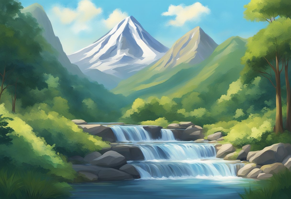 A serene mountain peak with a clear blue sky and a gentle breeze, surrounded by lush greenery and a tranquil waterfall, evoking a sense of peace and mindfulness