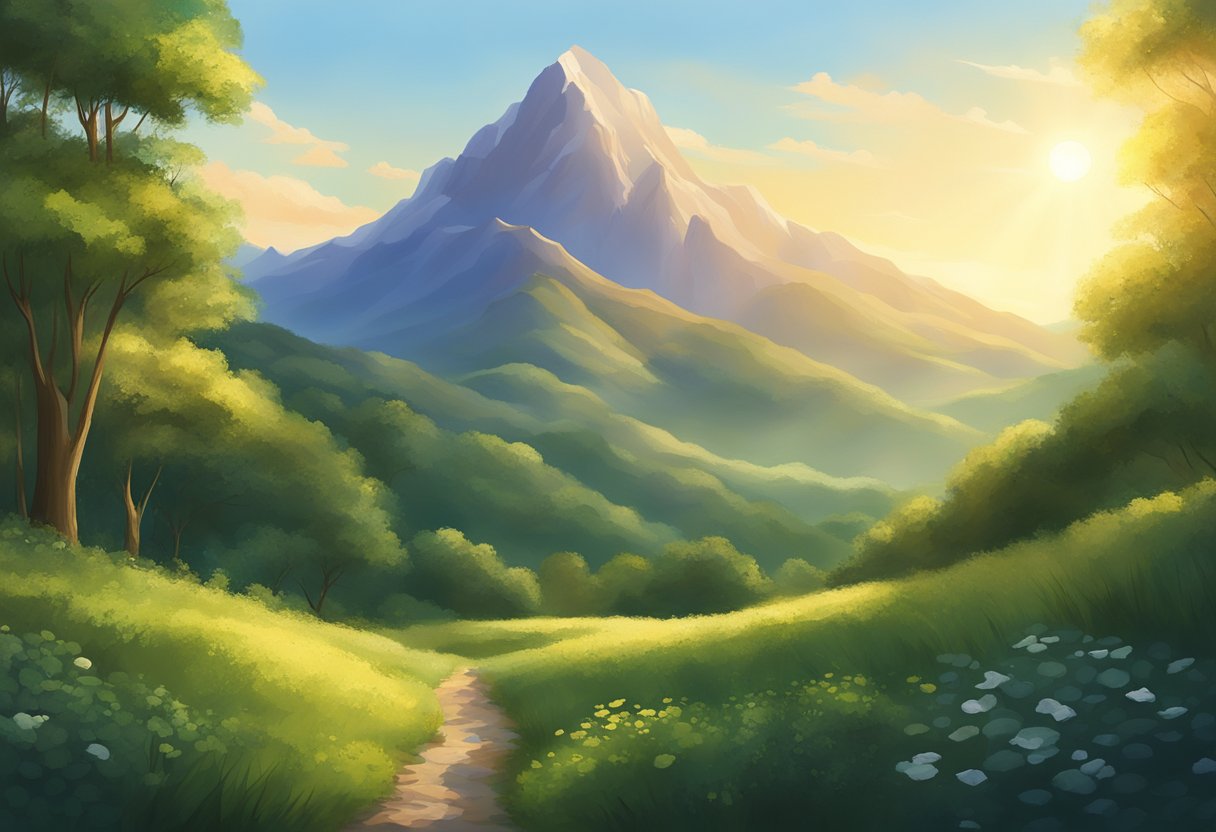 A serene mountain peak bathed in golden sunlight, surrounded by lush greenery and a clear, calm sky, symbolizing the importance of mindfulness in the ascension process