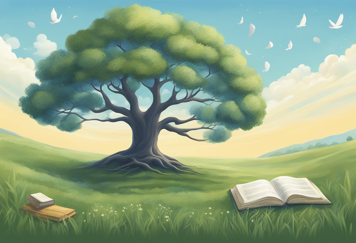 A serene, open field with a clear blue sky. A single tree stands tall, its branches reaching towards the heavens. Surrounding the tree are various symbols of mindfulness, such as a meditation cushion, a singing bowl, and a journal