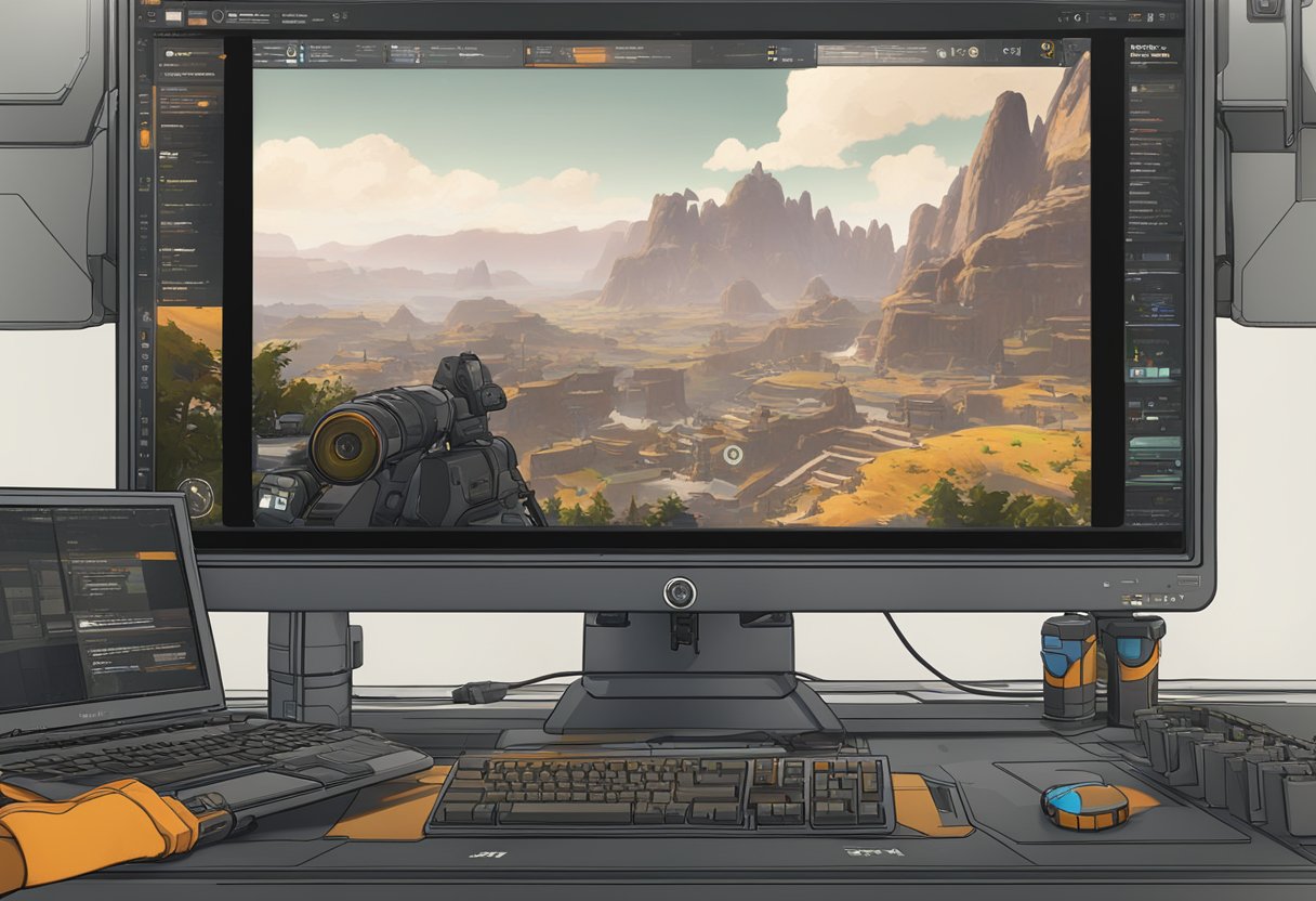 The scene depicts a computer screen displaying the graphics settings for Apex Legends, with a focus on model details and the option to reset the settings