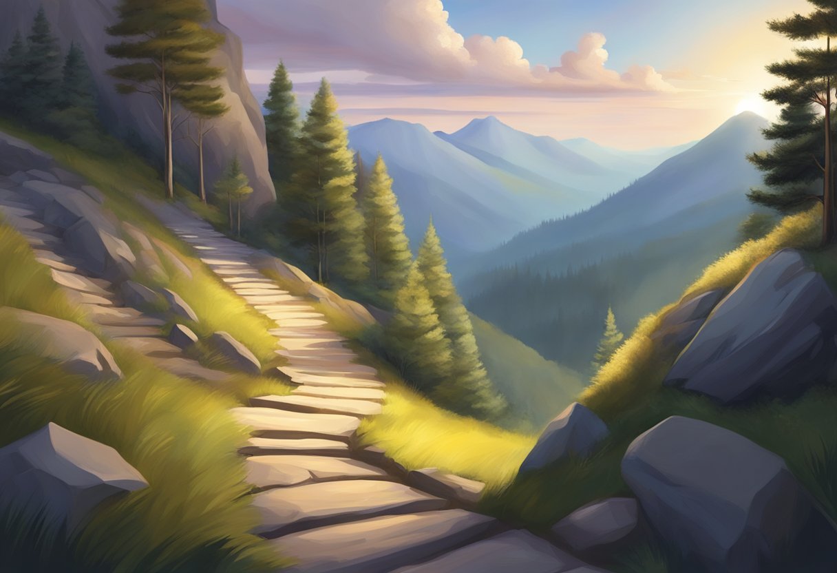 A serene mountain path winding through obstacles, leading to a glowing, tranquil summit