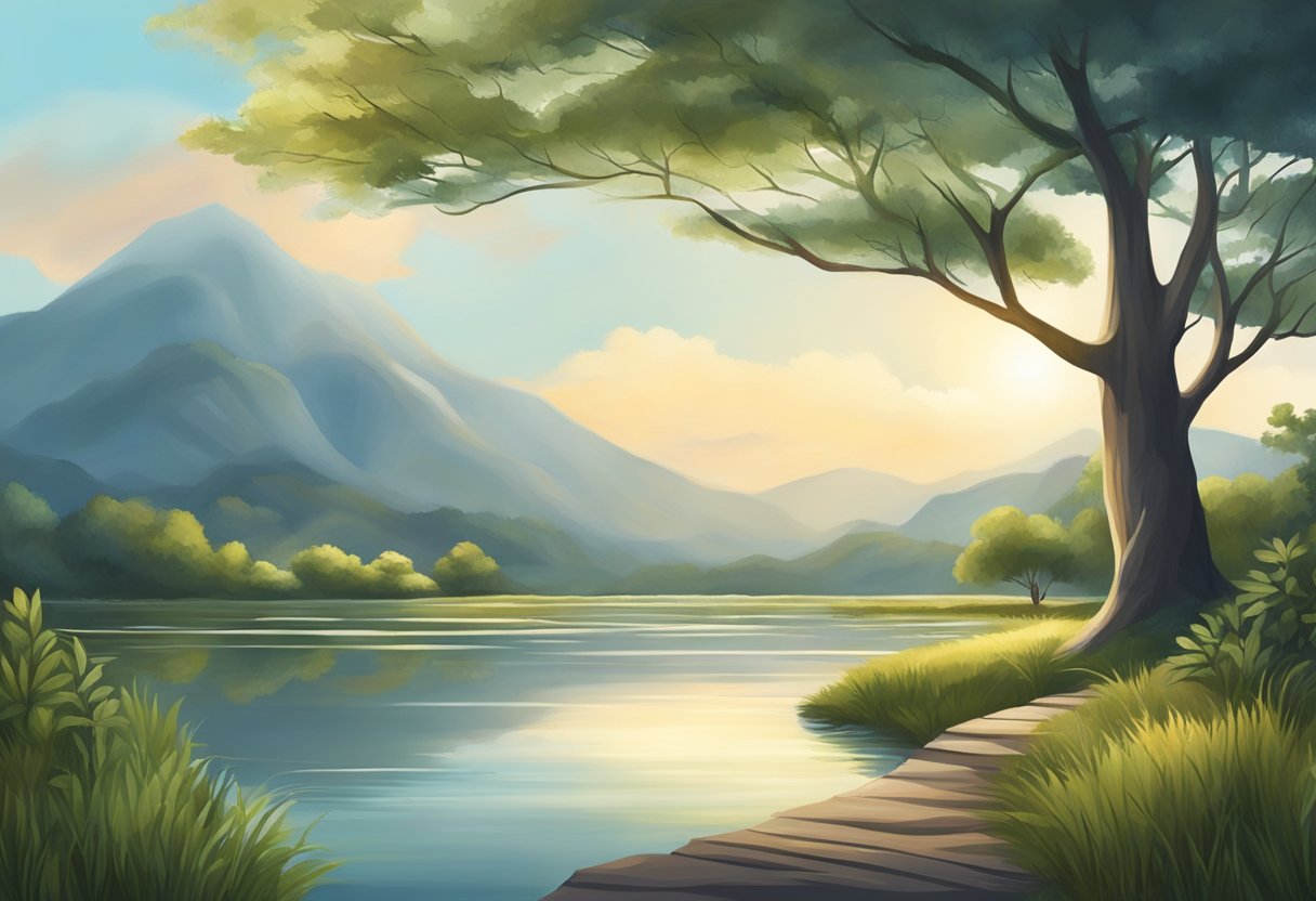A serene landscape with a tranquil setting, featuring elements of nature and a sense of calmness and stillness