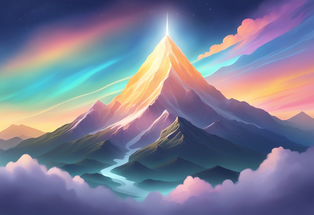 A serene mountain peak with a glowing aura emanating from the summit, surrounded by a tranquil, meditative atmosphere