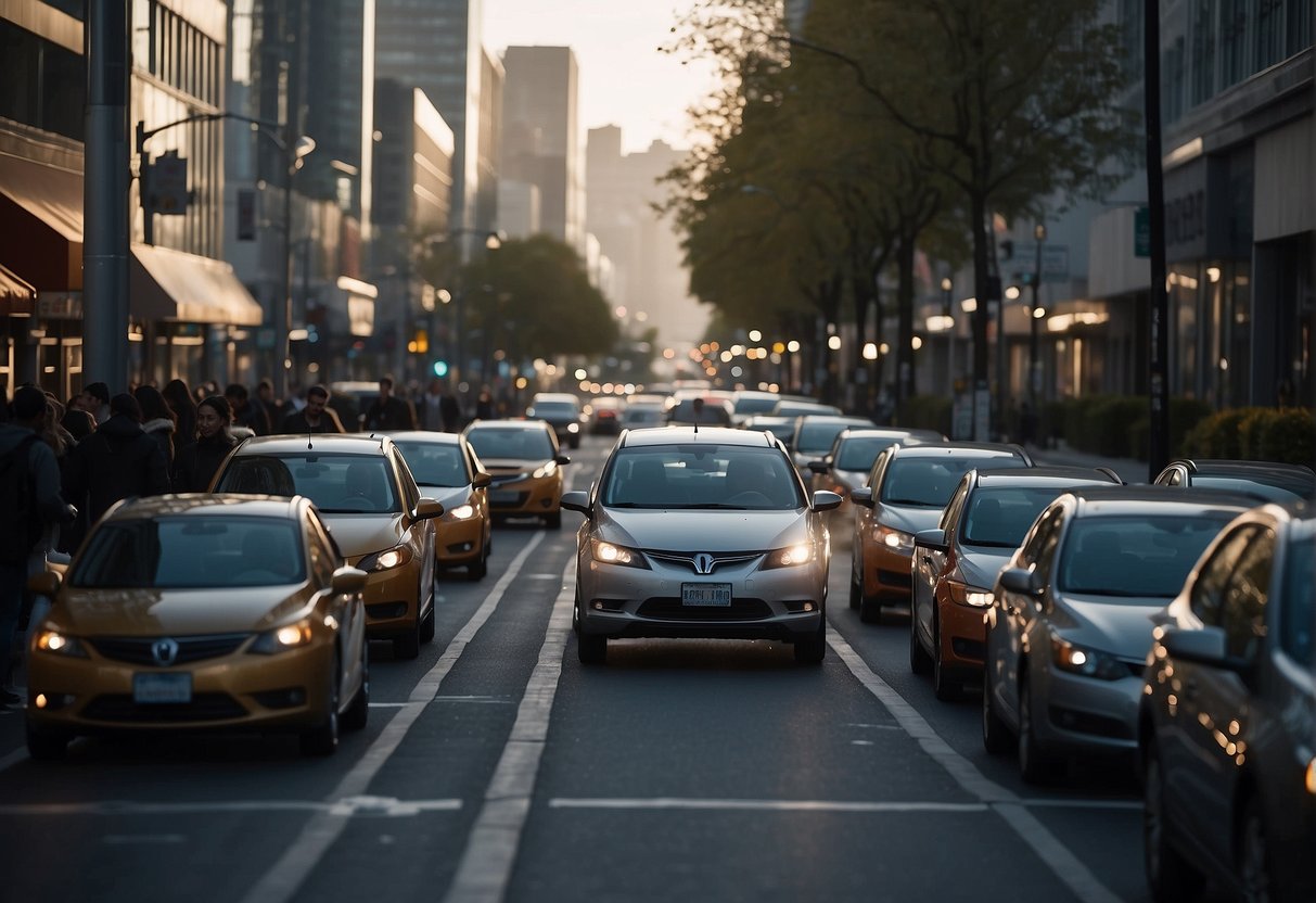 A bustling city street with electric cars emitting zero emissions, contrasted with gasoline cars emitting smoke and pollution