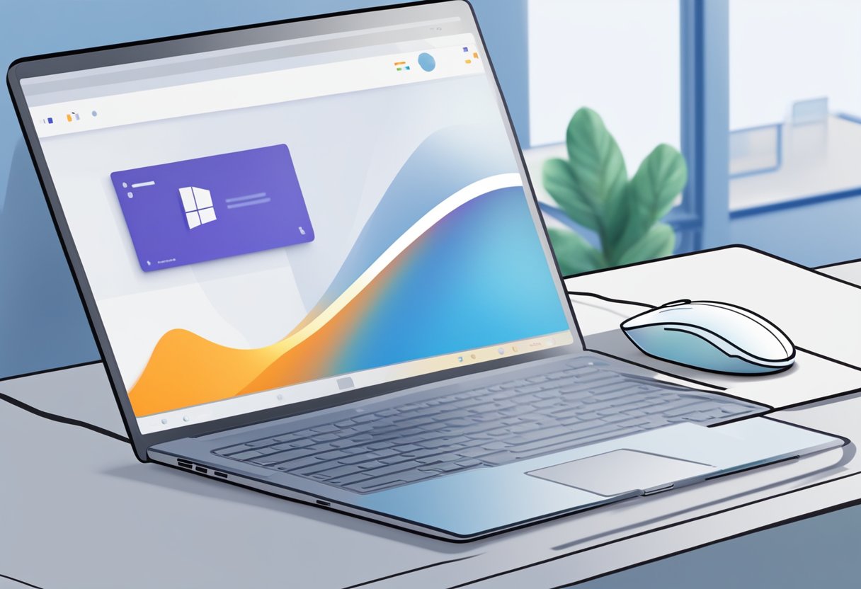 A computer mouse sits next to a laptop running Windows 11. The cursor hovers over an icon, but the left click does not register