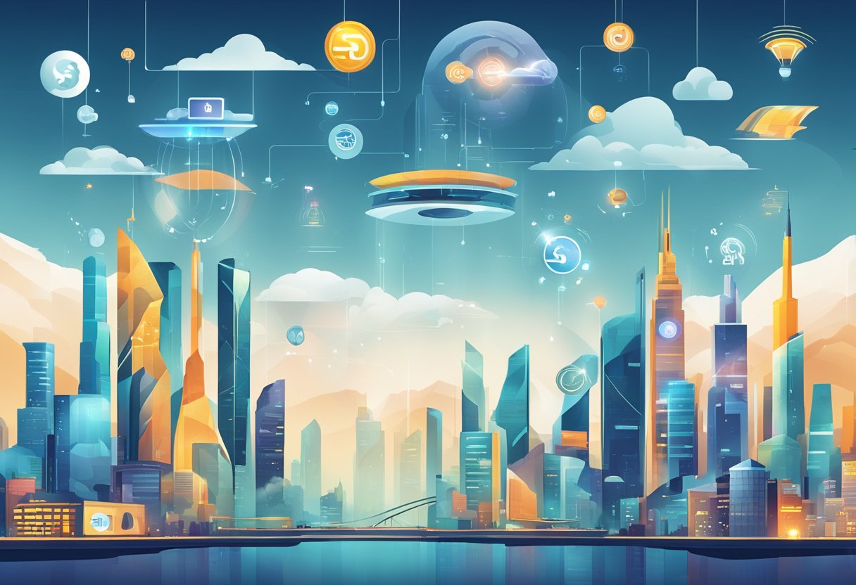A futuristic city skyline with various subscription service logos floating in the air, representing the diverse industries and business models in the subscription service industry
