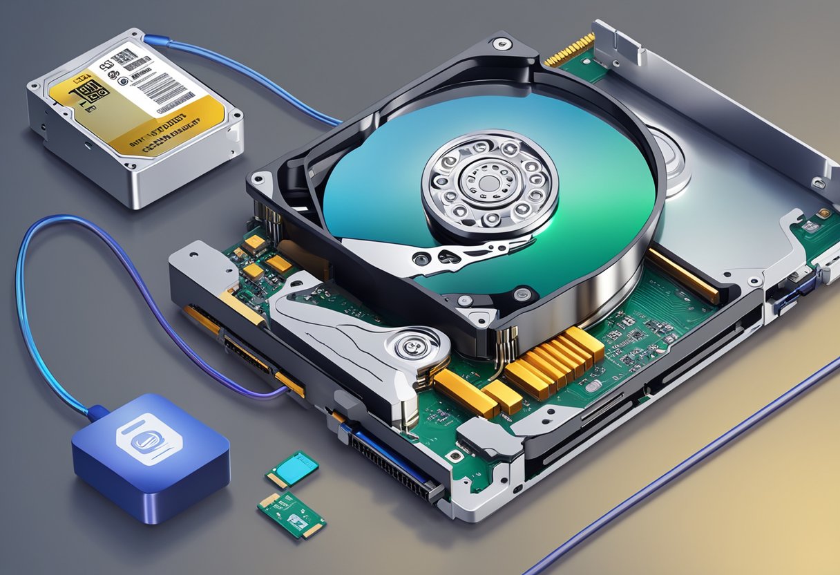 A computer with a hard drive and a solid-state drive, with gaming icons being transferred from the hard drive to the SSD
