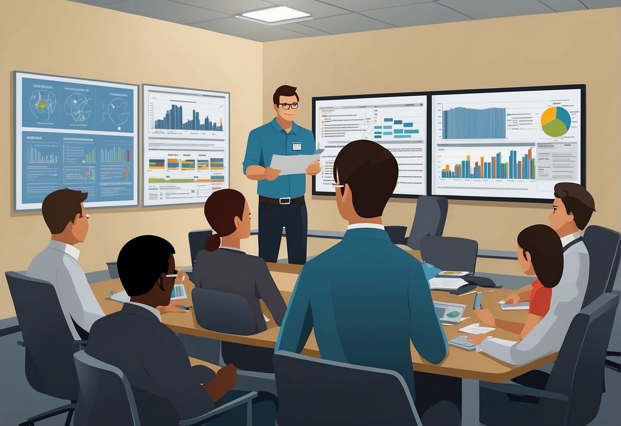 ISO 9001 Employee Training - A group of employees sit in a training room, listening attentively as an instructor explains the importance of ISO 9001 certification. Charts and diagrams are displayed on the walls, illustrating key concepts