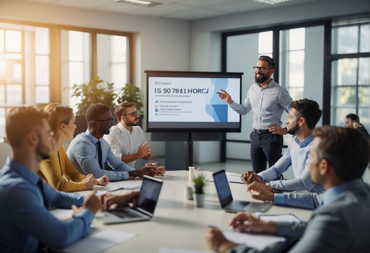 ISO 9001 Employee Training - Employees gather in a classroom, engaged in interactive training activities. A banner with "ISO 9001" hangs on the wall. The instructor leads the session with enthusiasm