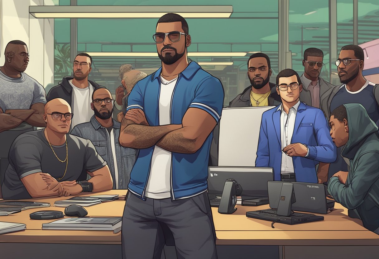 A group of characters in GTA Online gather to name their organization, with a PS5 console not working in the background