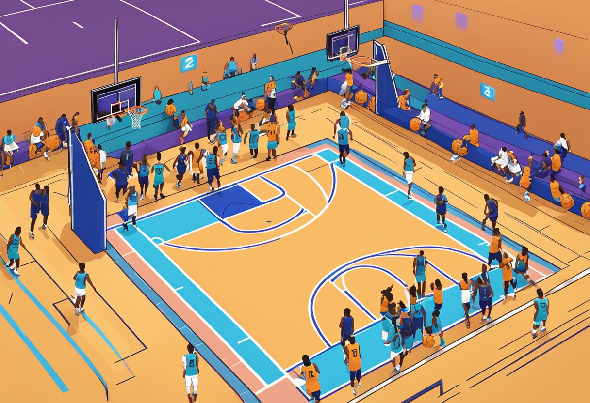 A basketball court with a TV screen displaying "2KTV Episode 23" and a virtual currency icon, symbolizing earning VC for NBA 2K22