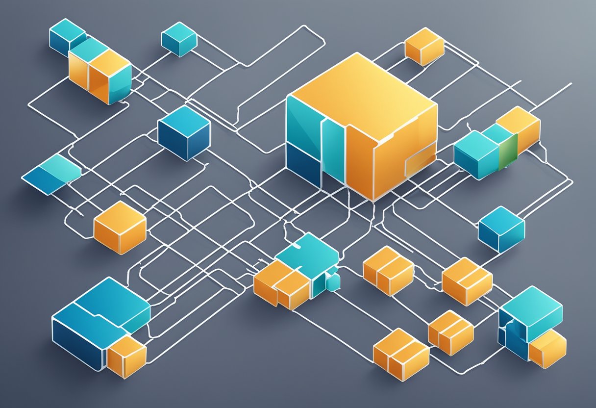 A network of interconnected blocks forming a modular blockchain system, each block clearly labeled with its unique components and connections