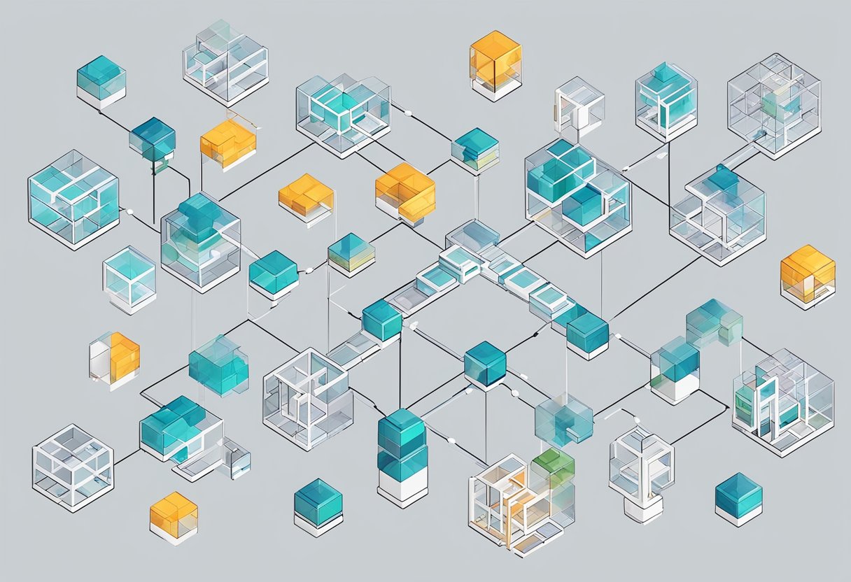 A network of interconnected modular blocks, each labeled with a different blockchain technology, demonstrating the advantages of modular design