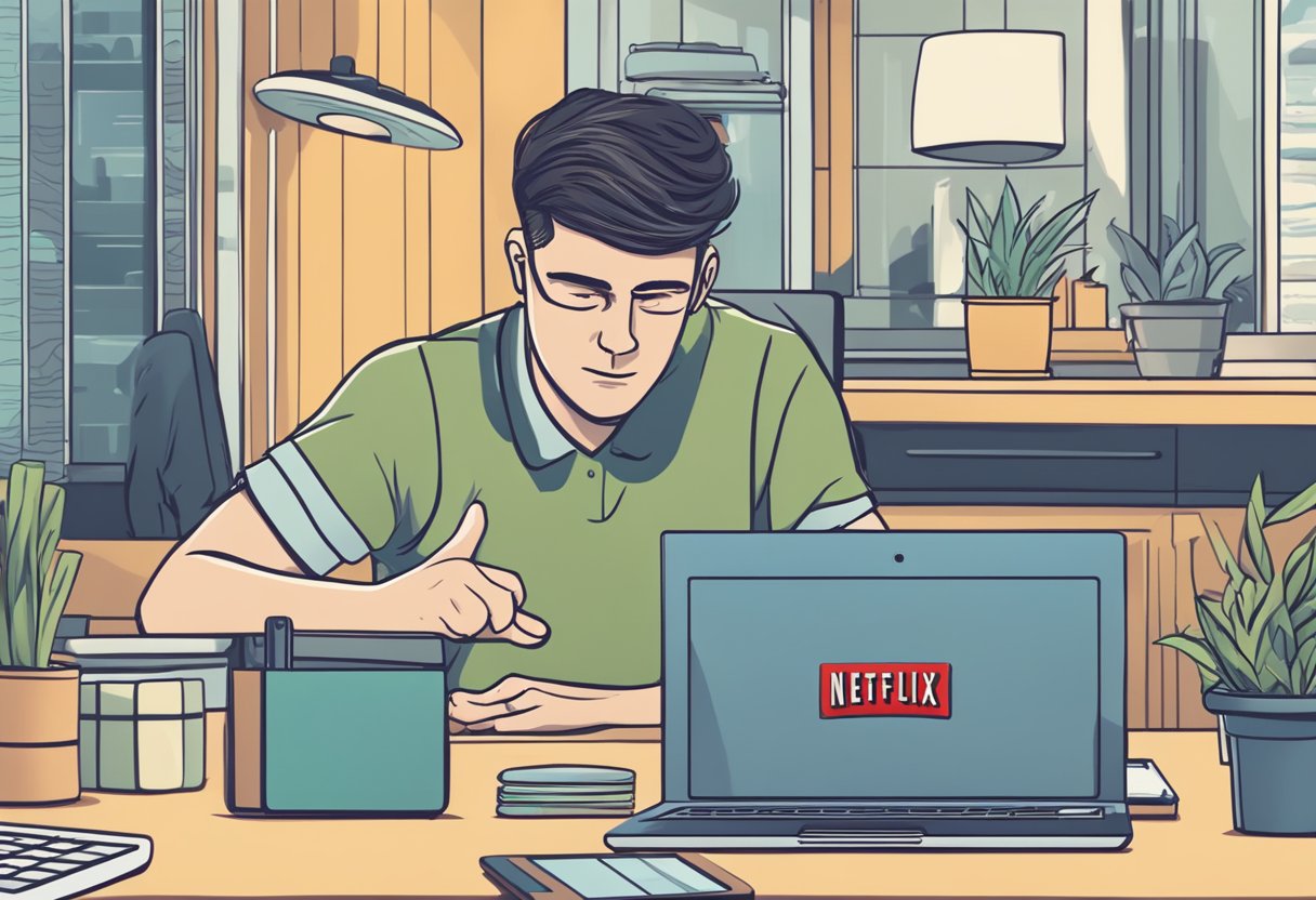 A laptop displaying a "Netflix not working on wifi" error message with a frustrated expression on the screen